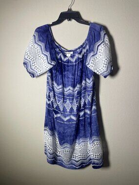 LA Blanca Women's Blue & White Aztec Embroidered Cover Up Large!